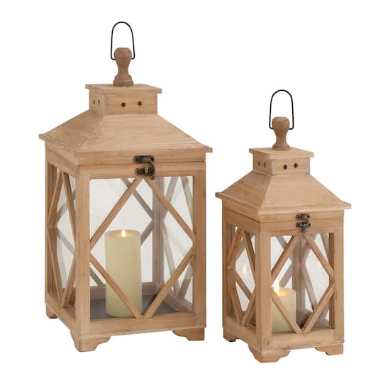 Set of 2&#x22; Brown Wood Coastal Lantern, 21&#x22;, 16&#x22;